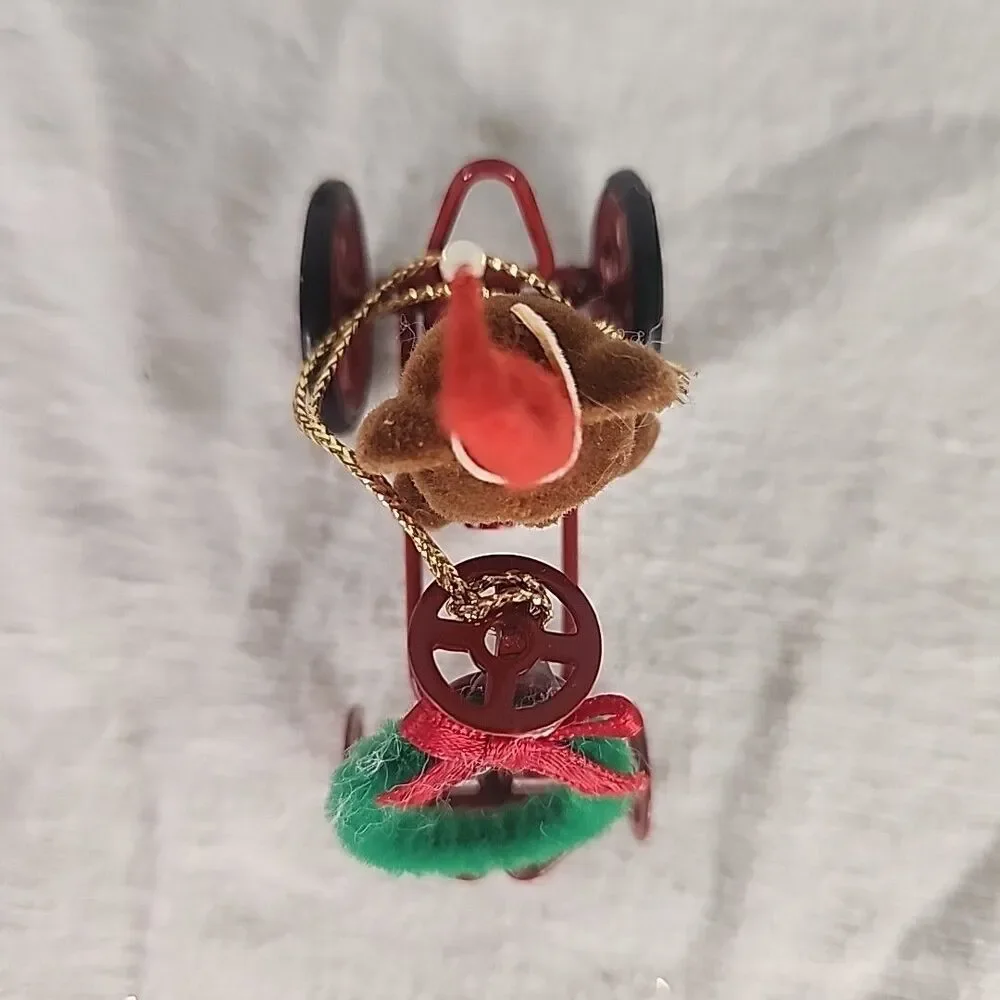 Red Metal Ornament Car With Flocked Teddy Bear & Wreath 1980’s Avon Vintage
